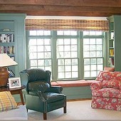 Bookcases with window seat, built-in: painted finish.