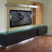 Entertainment Center, built-in: glass, lacquer with stainless steel accents, nat